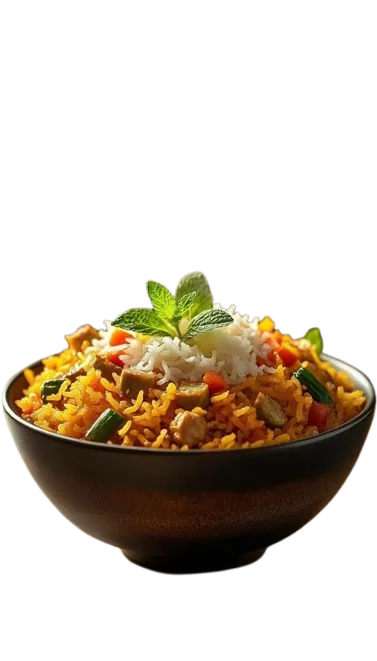 Bowl of cooked rice with vegetables and fresh mint